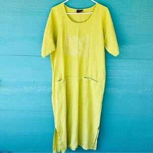 VINTAGE LINEN Lime Green Embroidered FISH BOHO MAXI Dress POCKETS SIZE LARGE